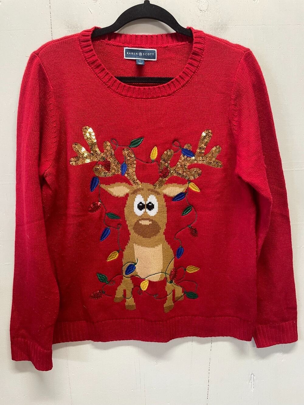 Karen Scott Women's L Red Holiday Sequin Embroidered Reindeer Sweater Christmas